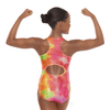 Back view of girls racerback leotard showing keyhole back detail in Sky colorway.