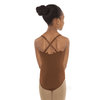 Back view of a child wearing a seamless camisole liner with adjustable crossed straps.