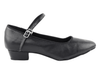 Side view of a black leather ballroom shoe with strap and low heel