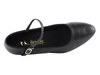 Top view of a black leather ballroom shoe showing strap and rounded toe