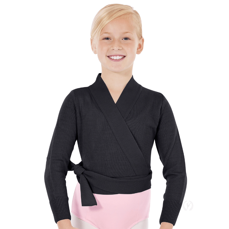 Young dancer wearing a black long sleeve wrap ballet sweater tied at the waist