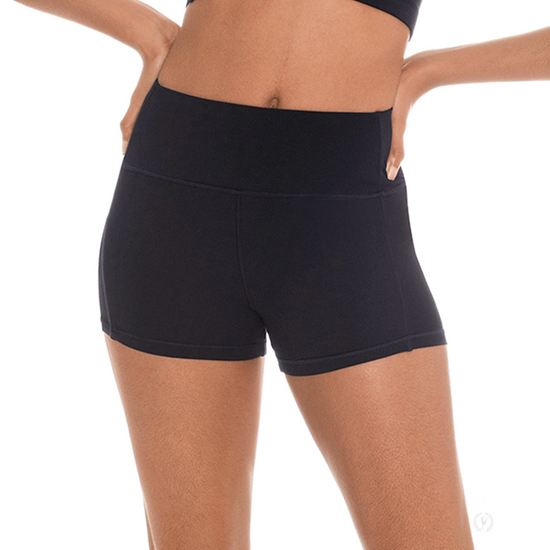Close-up of black flat waistband dance shorts made with microfiber fabric
