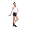 Young dancer wearing black flat band dance shorts and white dance top