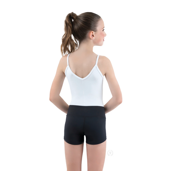 Back view of dancer wearing black microfiber dance shorts