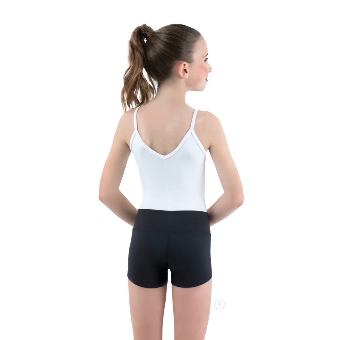 Back view of dancer wearing black microfiber dance shorts