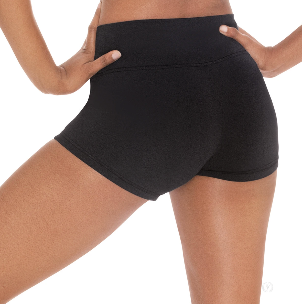 Side view of black flat band dance shorts