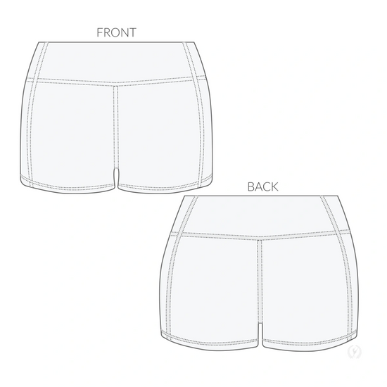 Technical line drawing showing front and back of dance shorts