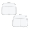 Technical line drawing showing front and back of dance shorts