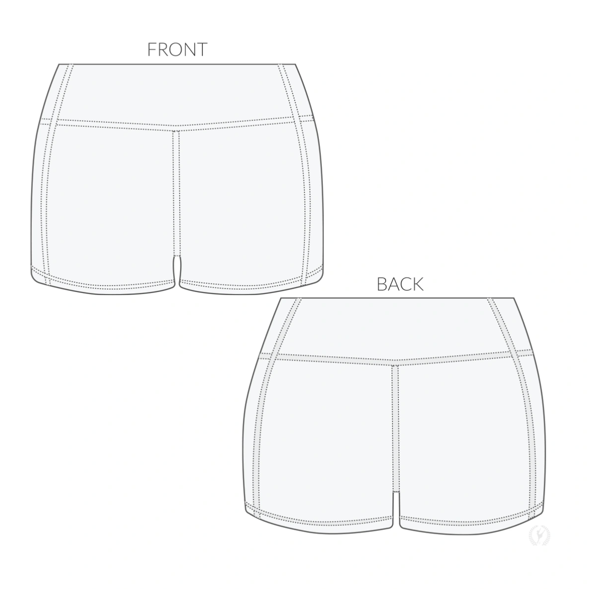 Technical line drawing showing front and back of dance shorts