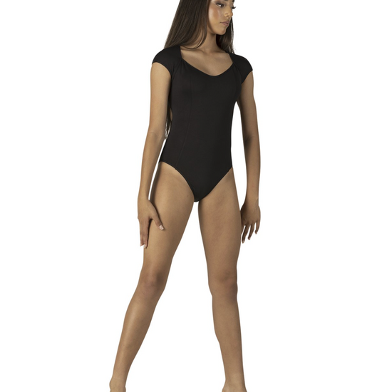 Danz N Motion adult black leotard with mesh open back and crisscross straps