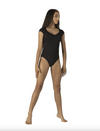 Danz N Motion adult black leotard with mesh open back and crisscross straps