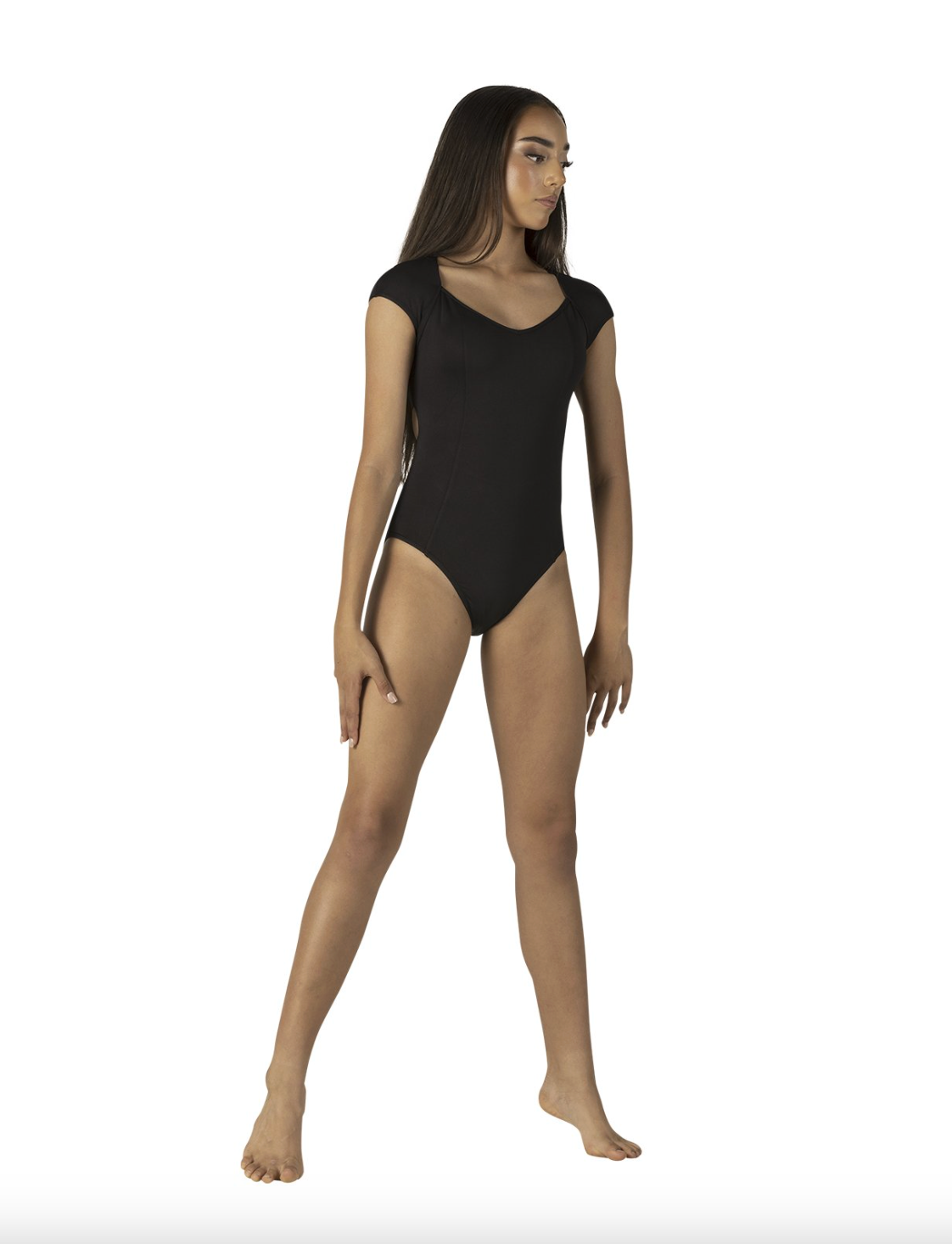 Danz N Motion adult black leotard with mesh open back and crisscross straps