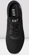 Top view of black Bloch sneaker showing knit upper and laces