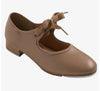 Caramel child tap shoe with ribbon strap shown at an angled side view