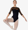 Front view of black adult ballet leotard with ¾ mesh sleeves and sweetheart neckline.