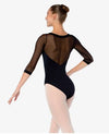 Back view of black adult leotard showing mesh back and ¾-length sleeves.