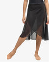 Side view of black long wrap skirt showing flowing hem and movement.