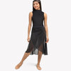 Front view of black women’s long ballet wrap skirt worn over a leotard.