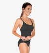 Front view of black adult camisole leotard with empire waist.