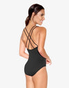 Back view of black adult camisole leotard with strappy crossed back design.