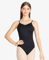 Front view of So Danca Sierra adult black camisole leotard.