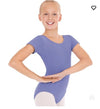 Light blue child short sleeve leotard worn by a dancer standing with hands on hips