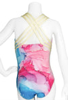 Back view of Destira Opalescent leotard showing woven crisscross straps and watercolor print.