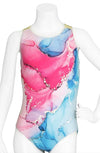 Front view of Destira Opalescent leotard with pink, blue, and gold watercolor design.
