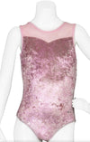 Front view of Destira Pink Pearl leotard in dusty pink with rose gold foil overlay.