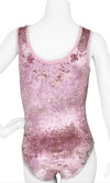Back view of Destira Pink Pearl leotard showing tank-style cut and smooth velvet finish.