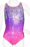 Front view of Destira Infinite Shine Amethyst leotard featuring cascading silver foil and purple tones.