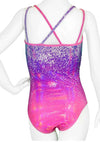 Back view of Destira Infinite Shine Amethyst leotard with purple ombré fabric and crisscross straps.