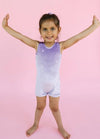 Front view of a lilac velvet gymnastics unitard with subtle crystal sparkle.