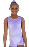 Front view of a lilac velvet gymnastics unitard showing smooth fit and neckline.