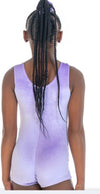 Back view of a lilac velvet gymnastics unitard with a clean, classic silhouette.