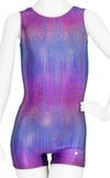 Front view of a purple rainbow gymnastics unitard with a shiny foil finish.
