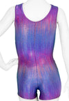 Back view of a purple rainbow foil gymnastics unitard with a smooth, fitted design.
