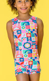 Front view of a rainbow-colored gymnastics unitard with a bright checkerboard pattern and colorful icons.