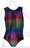 Front view of a sleeveless rainbow foiled leotard with a multicolor shimmer design.