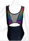 Back view of a rainbow foiled leotard with a split-back design and black mesh inset.