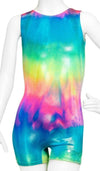 Front view of a sleeveless rainbow tie-dye unitard with hologram fabric.