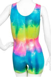 Back view of a rainbow tie-dye hologram unitard showing the full color pattern.