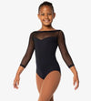 Front view of a child wearing a black 3/4 sleeve leotard with mesh sleeves and a sweetheart neckline.