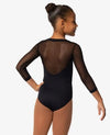 Back view of a black child leotard featuring mesh sleeves and a mesh back.