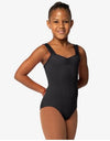 Front view of a child wearing a black tank leotard with mesh straps and a pinched neckline.