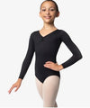 Front view of a child wearing a black long sleeve leotard with a pinched neckline.