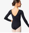 Back view of a child wearing a black long sleeve leotard with a deep V-back and pinched detail.