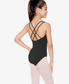 Back view of a black child camisole leotard with criss-cross double strap design.