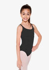 Front view of a black child camisole leotard with empire waist and scoop neckline.