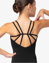 Back view of a black child camisole leotard featuring a strappy double-strap design.